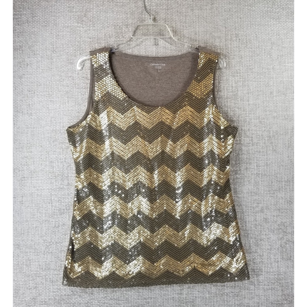 Coldwater Creek Chevron Sequin Shell Tank Top Women's L 14 Brown Gold EUC